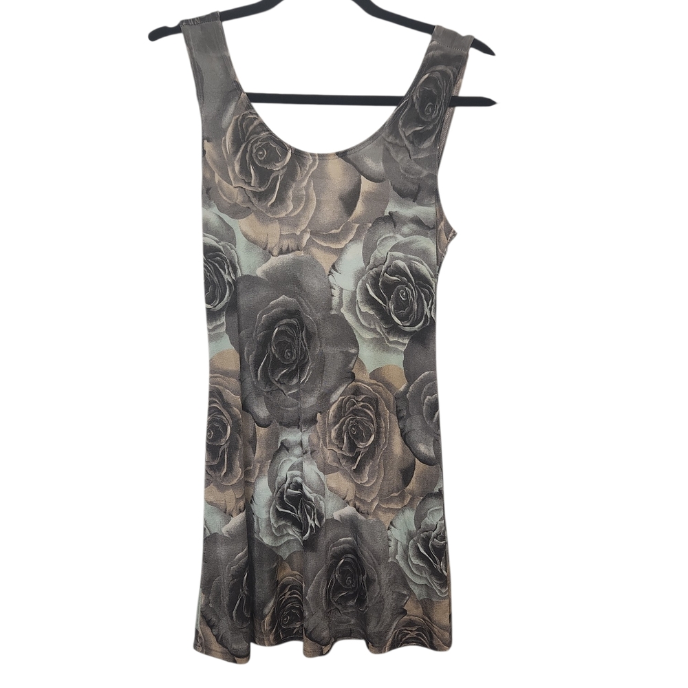 Queen Women's Vintage 90's Rose/Black/Gray Scoop Neck Floral Tank Dress Size XS